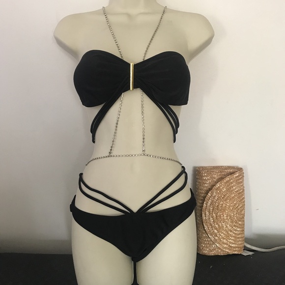 New black w/ gold accent strappy Bikini 👙 - Picture 2 of 5